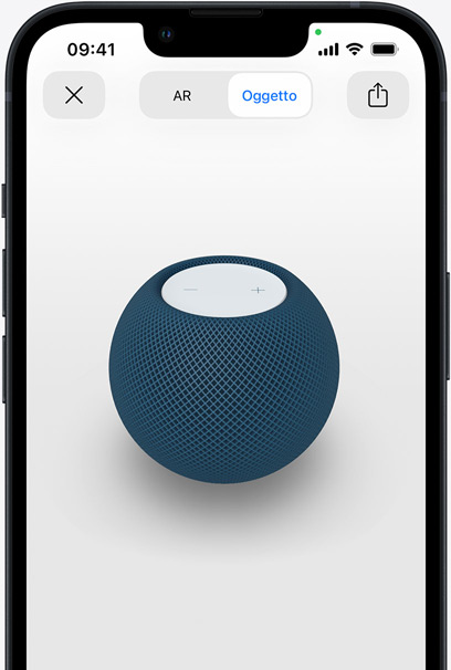 Schermo di un iPhone con vista in realtà aumentata di un HomePod mini blu.