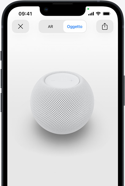 Schermo di un iPhone con vista in realtà aumentata di un HomePod mini bianco.