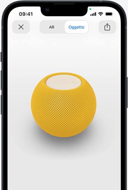 Schermo di un iPhone con vista in realtà aumentata di un HomePod mini giallo.