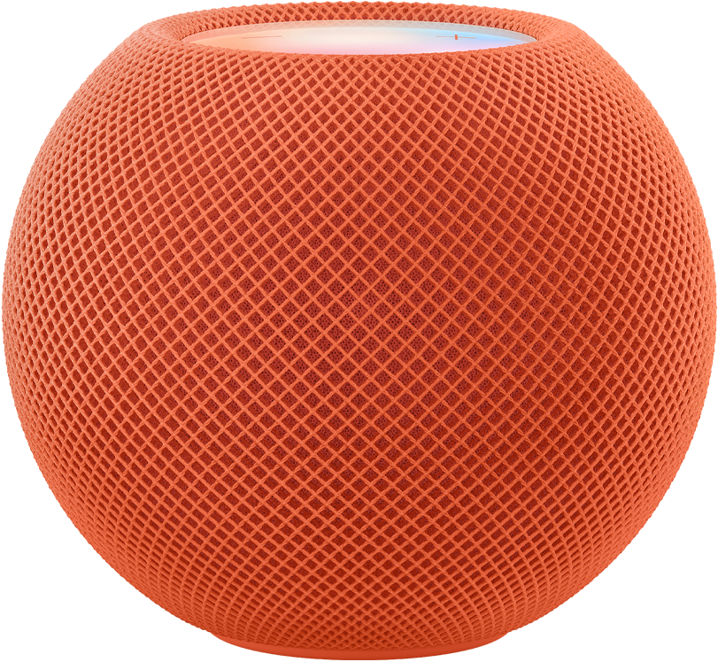 Un HomePod mini arancione con sopra dei puntini colorati che si muovono e formano la parola “mini”.