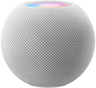 Un HomePod mini bianco con sopra dei puntini colorati che si muovono e formano la parola “mini”.