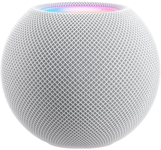 Un HomePod mini bianco con la superficie touch colorata appena visibile oltre il bordo superiore.