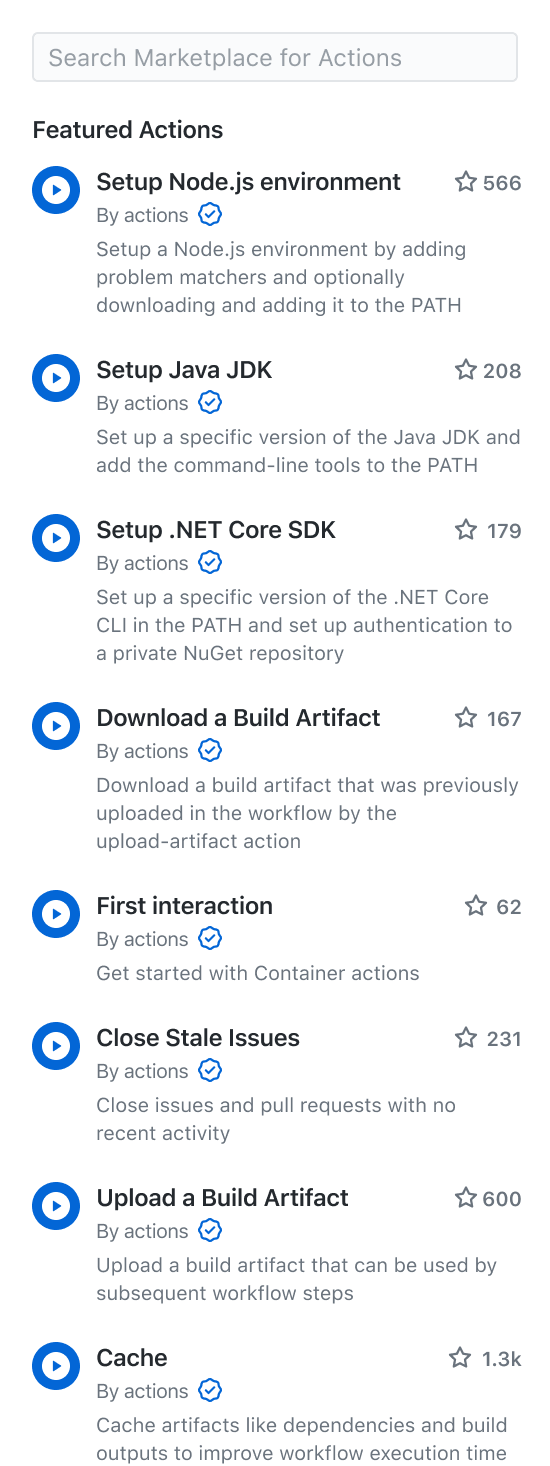 The Actions Marketplace is available inline alongside the GitHub Actions workflow editor