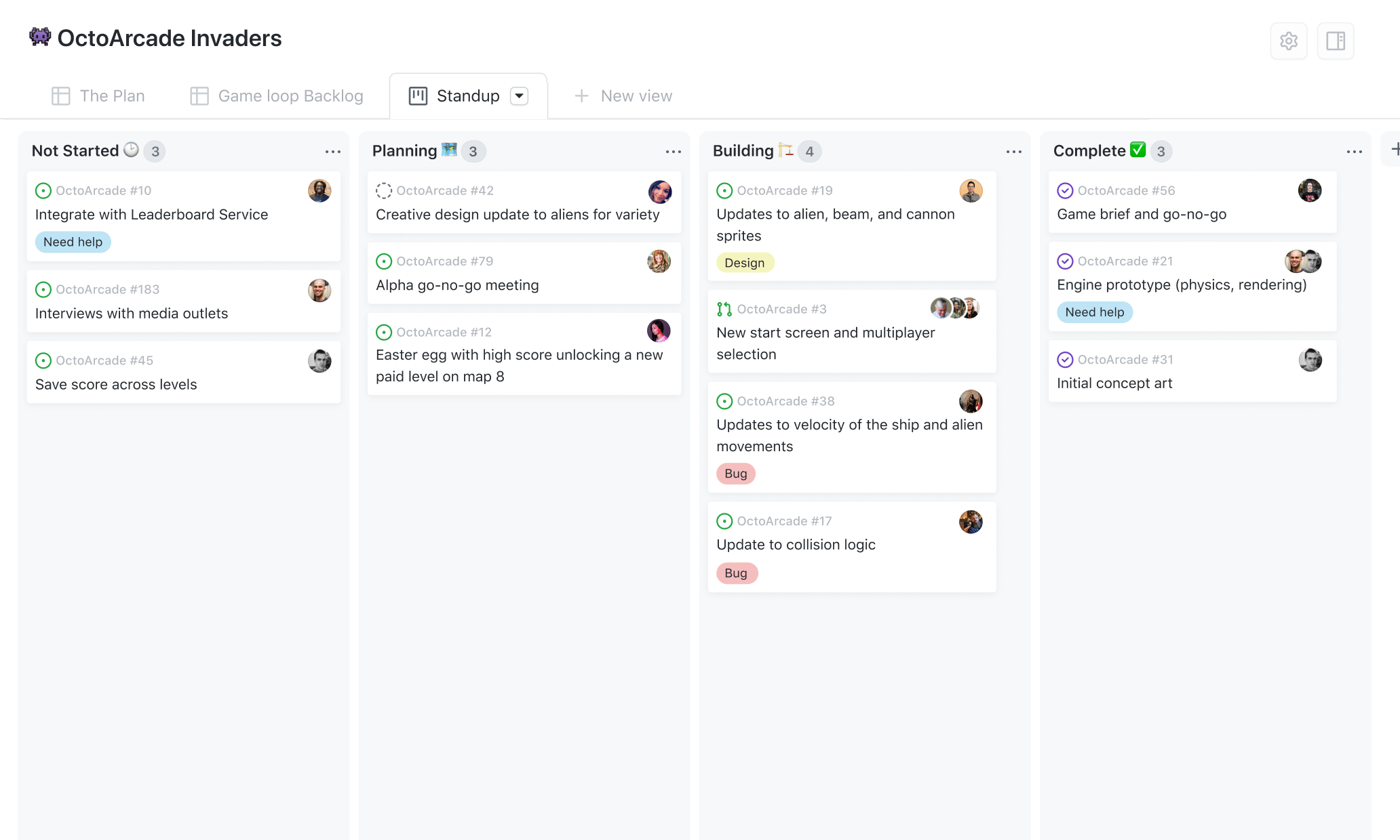 Board view: Project cards in a classic kanban board layout. Cards are sorted in 4 columns based on their status, in a view called 'Standup.'