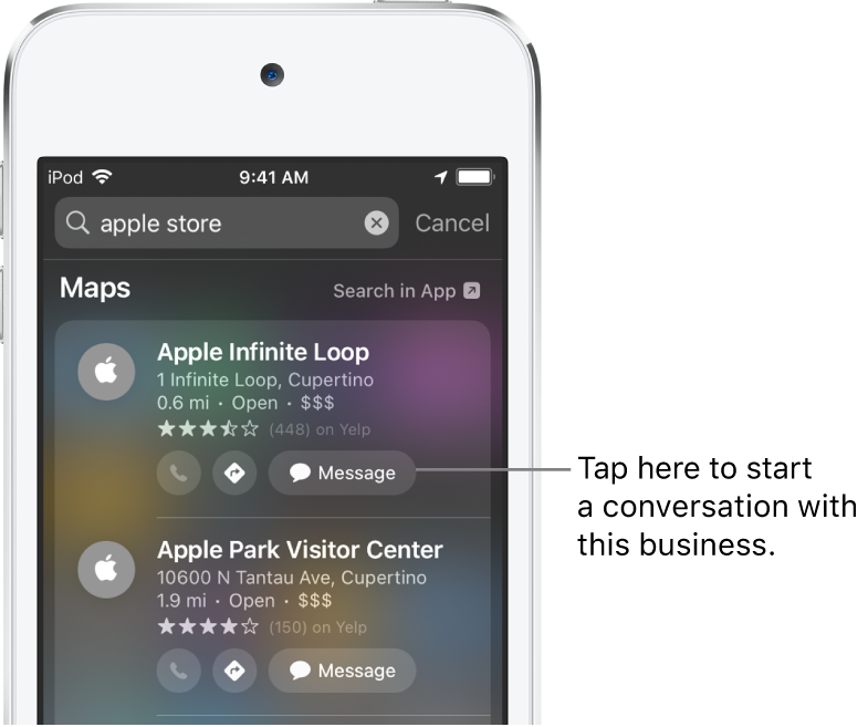 The Search screen showing found items for Maps. Each item shows a brief description, rating, or address, and each website shows a URL. The second item shows a button to tap to start a business chat with the Apple Store.