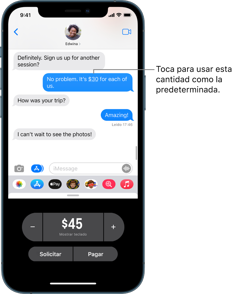 Conversación de iMessage con la app Apple Pay abierta en la parte inferior.