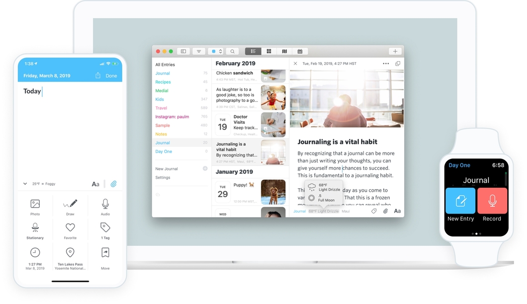 Day One app on phone, Apple MacBook, and Apple Watches
