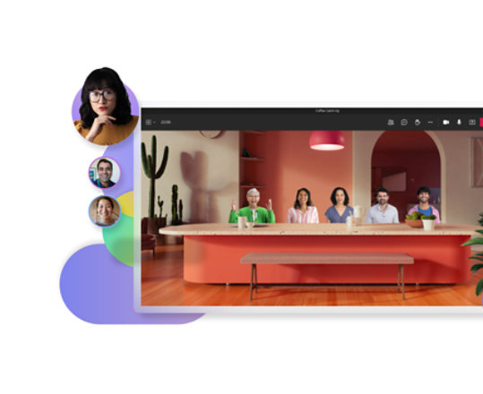 A desktop display of a Teams video call in Together mode and a mobile display of another Teams video call.