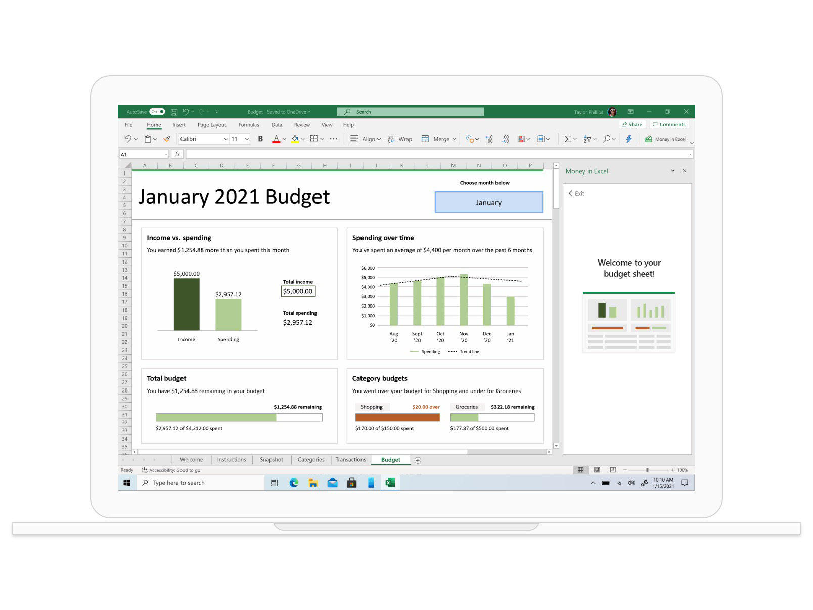 An Excel spreadsheet of a budget from January 2021 with tables and graphs.