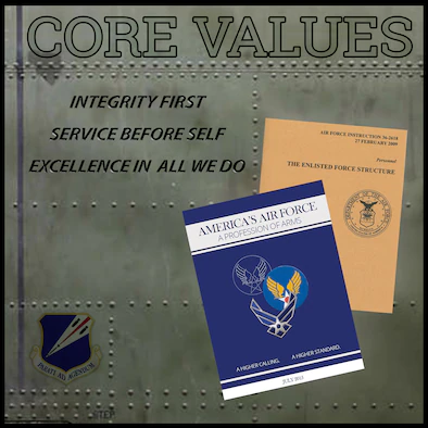 Graphic of two booklets with words Core Values, Integrity First, Service Before Self, Excellence in All we Do on same graphic.