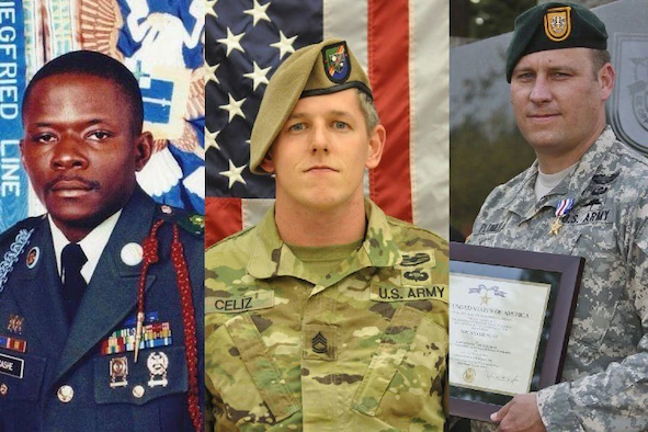 Official photographs of three soldiers looking at the camera.