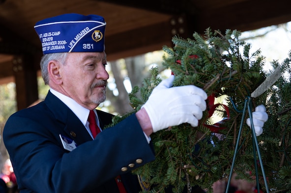 Barksdale Airmen, local community leaders and retired veterans gather at Green Wood Cemetery for the National Wreaths Across America ceremony in Bossier City, Louisiana, Dec. 19, 2021.