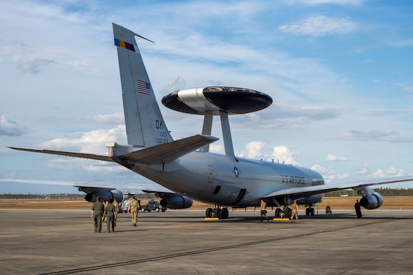 A U.S. Air Force E-3 Sentry assigned to the 964th Airborne Air Control Squadron, Tinker Air Force Base, Oklahoma, sits on the ramp at Tyndall AFB, Florida, Nov. 18, 2021, during Checkered Flag 22-1. Checkered Flag is a large-force aerial exercise held at Tyndall which fosters readiness and interoperability through the incorporation of fourth- and fifth-generation aircraft during air-to-air combat training. The 22-1 iteration of the exercise was held Nov. 8-19, 2021. (U.S. Air Force photo by Airman 1st Class Tiffany Price)