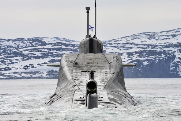 Russian naval ensign atop the K-18 Karelia nuclear-powered ballistic missile submarine