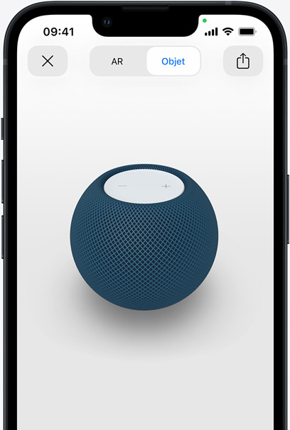 HomePod bleu en réalité augmentée sur l’écran d’un iPhone.