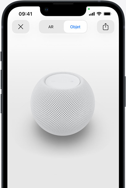 HomePod blanc en réalité augmentée sur l’écran d’un iPhone.