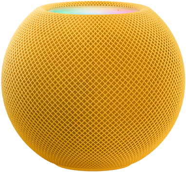 HomePod mini jaune placé sous des pixels colorés en mouvement formant le mot « mini ».