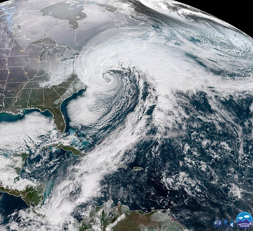 The National Oceanic and Atmospheric Administration (NOAA) GOES-16 satellite caught a dramatic view of the bomb cyclone moving up the East Coast on Jan. 4, 2017. The powerful nor'easter is battering coastal areas with heavy snow and strong winds, from Florida to Maine. Notice the long line of clouds stretching over a thousand miles south of the storm, which is drawing moisture all the way from deep in the Caribbean.