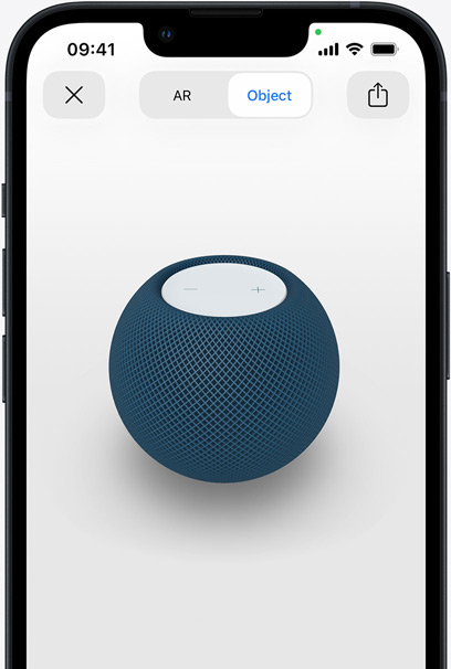 Blue HomePod on the screen of an iPhone in AR view.