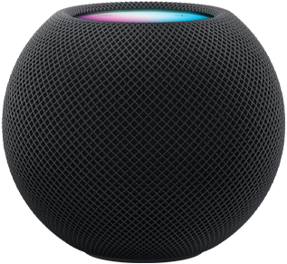 Space grey HomePod mini with colourful pixels in motion above it spelling the word “mini”.