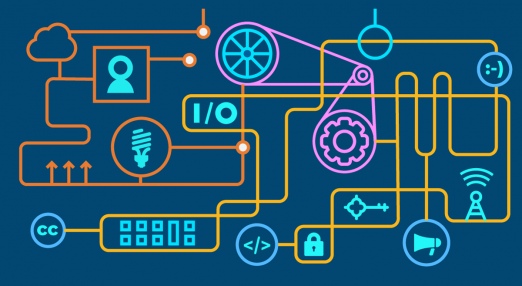 An image showing multiple technology related icons: wifi, lock, megaphone,lightbulb, key being interconnected by colored strings.