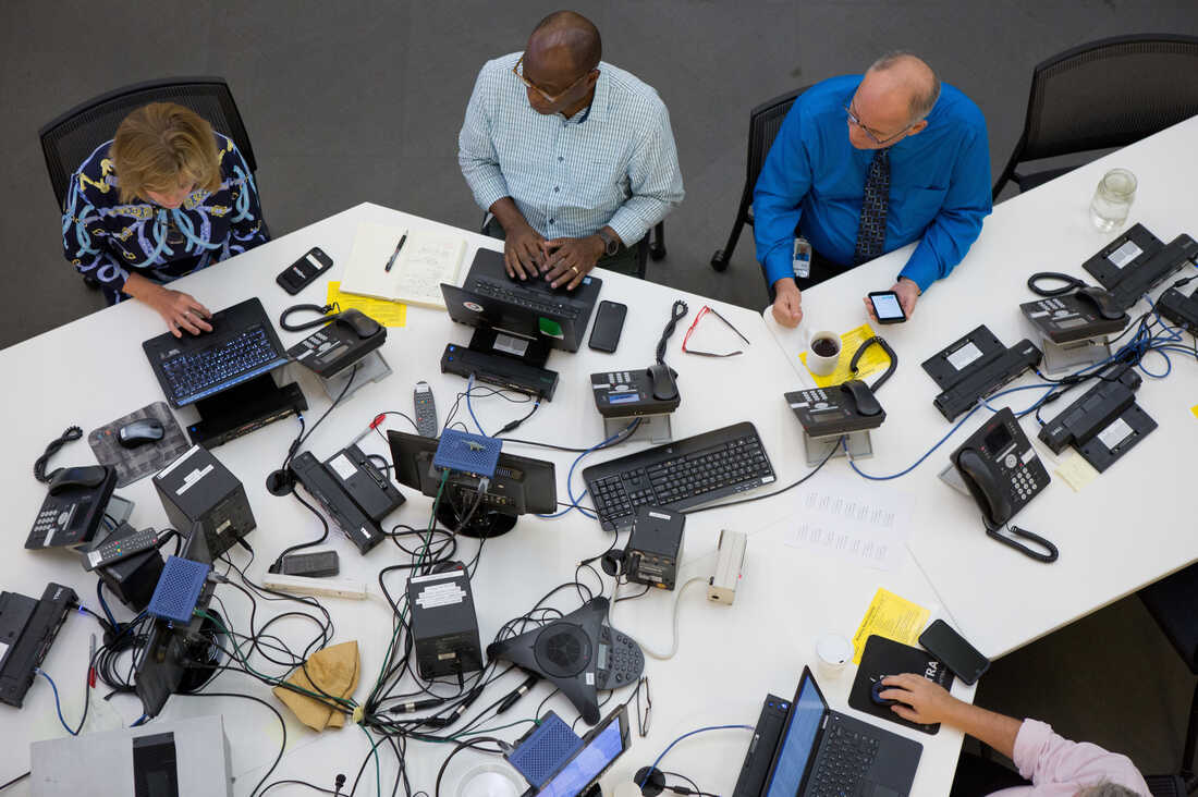 Editors meet in the newsroom at NPR headquarters in Washington, D.C., on September 13, 2018. (photo by Allison Shelley for NPR)