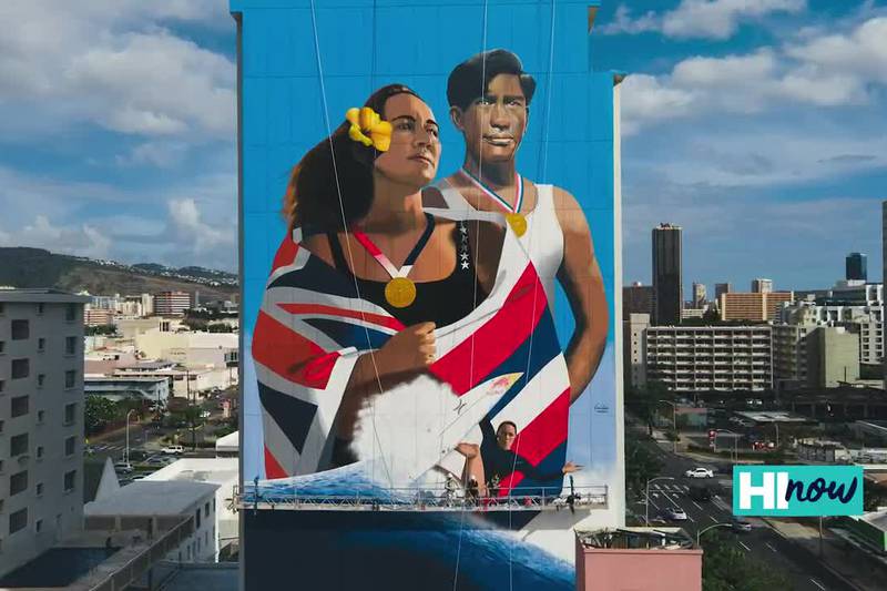 Artist creates beautiful mural of 2020 Olympic Champion Carissa Moore and Duke Kahanamoku