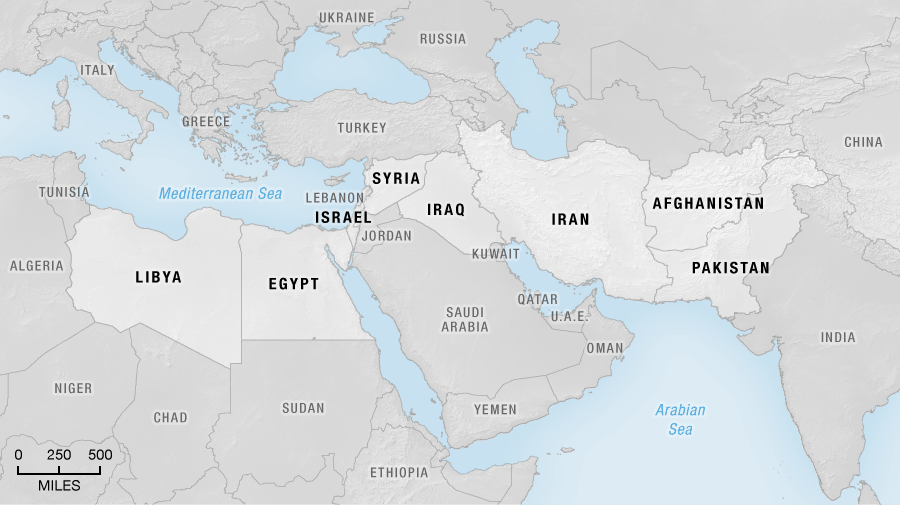 Map: Middle East, highlighting Libya, Egypt, Israel, Syria, Iraq, Iran, Afghanistan and Pakistan