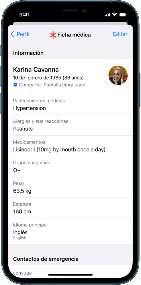 Pantalla de la ficha médica que contiene información como la fecha de nacimiento, los padecimientos médicos, medicamentos y un contacto de emergencia.