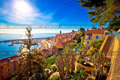 Colorful Cote d Azur town of Menton waterfront architecture view,...