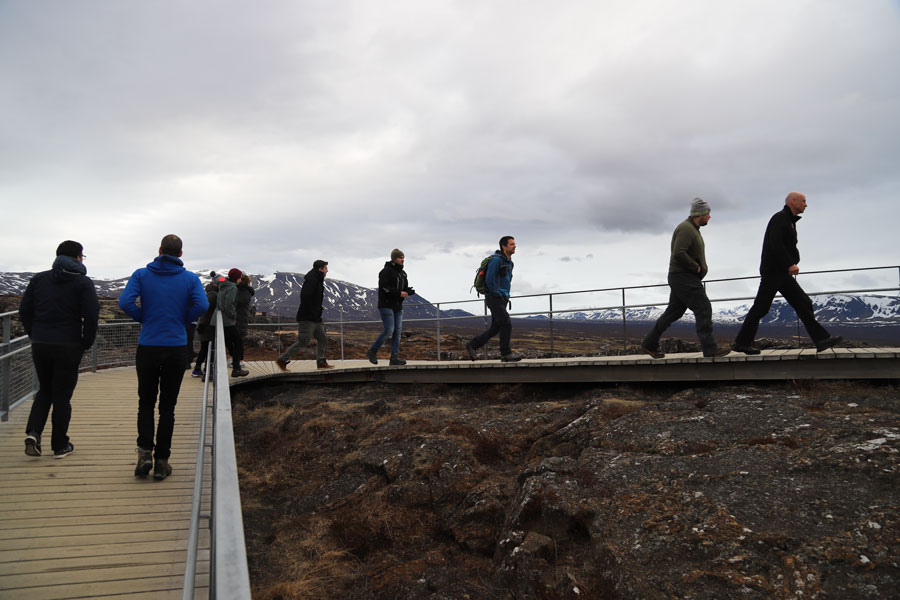 People walking on gangway