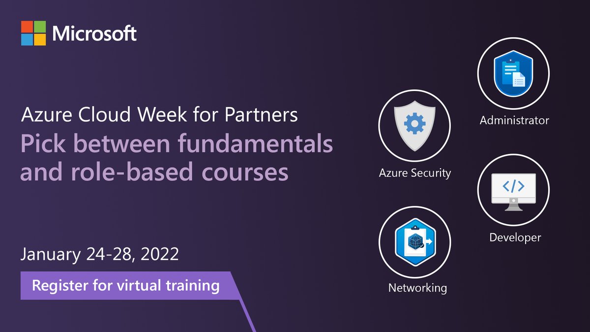 Text reads “Azure Cloud Week for partners: Pick between fundamentals and role-based courses. January 24-28, 2022.”