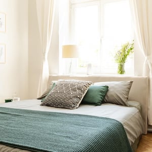 Bedroom interior with big bed and a sunny window