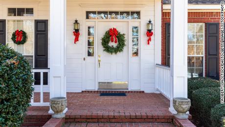 Residential home front door decorated for Christmas