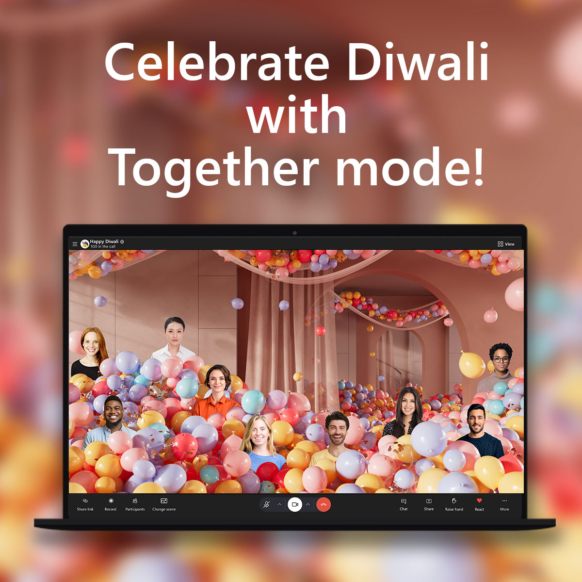 Image showing Skype call and Together mode enabled with balloon scene. Above the device it says “Celebrate Diwali with Together mode!”