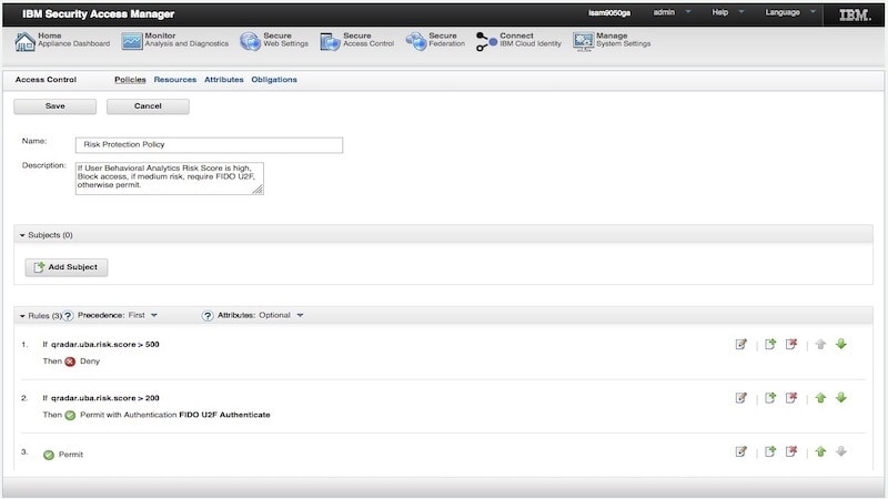 Screen shot of risk-based authentication policies