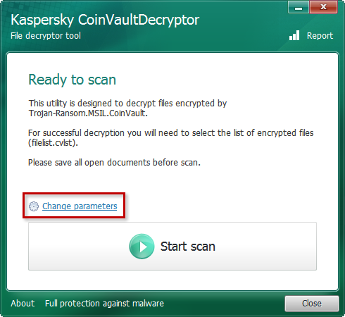 Changing parameters in the Kaspersky CoinVaultDecryptor tool