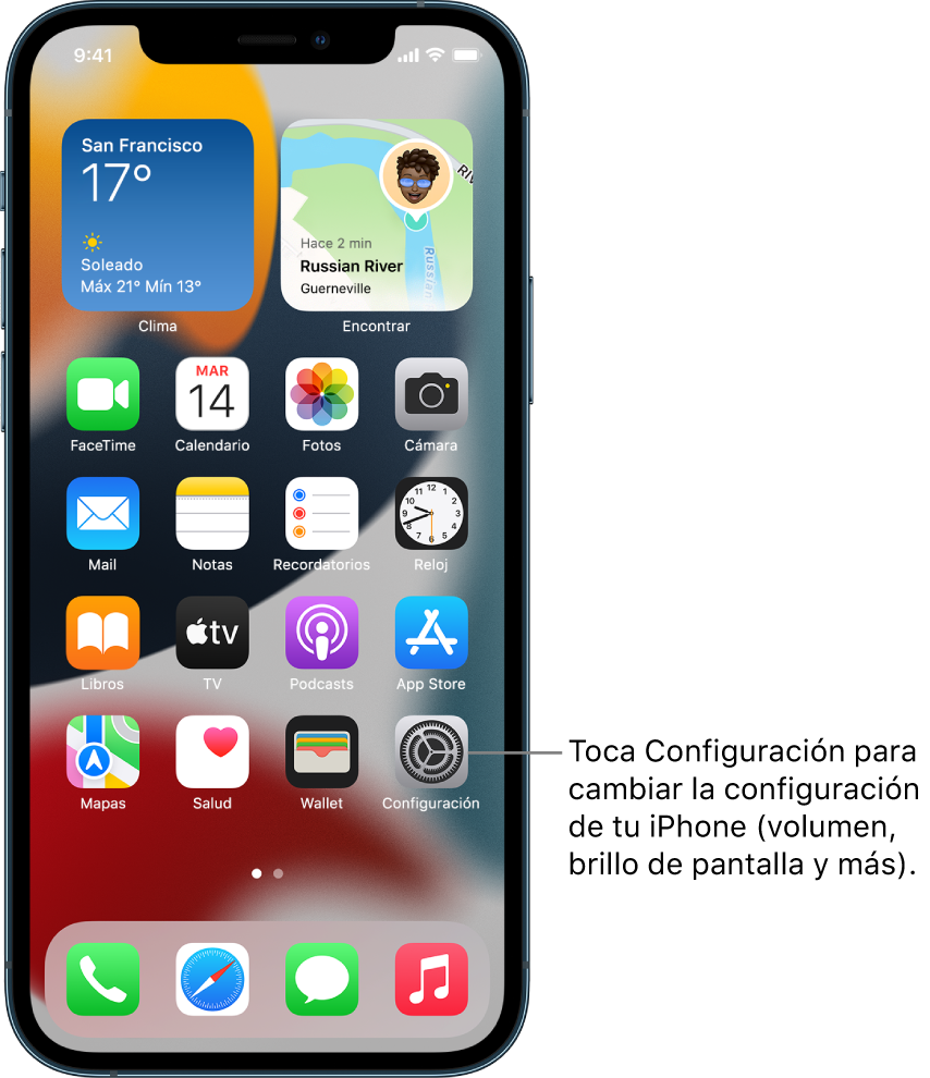 Pantalla de inicio con varios íconos de apps, incluyendo el ícono de la app Configuración, que puedes tocar para modificar el nivel del volumen del iPhone, el brillo de la pantalla y más.