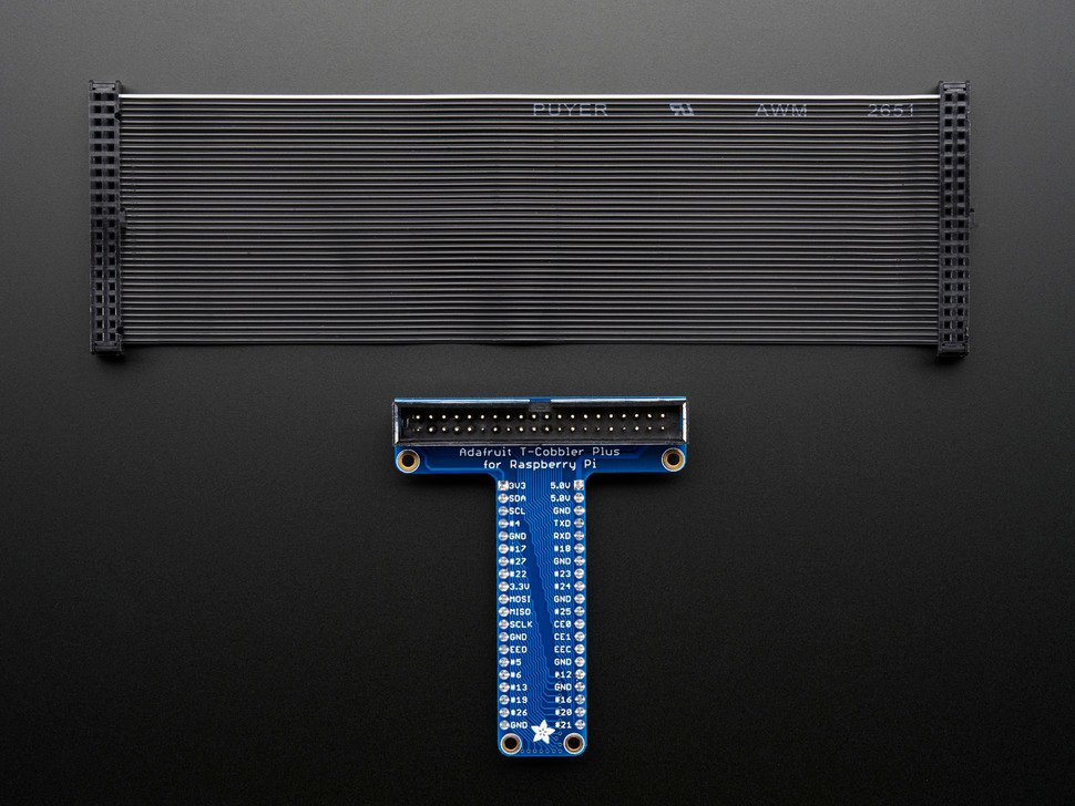 Top view of Assembled Pi T-Cobbler Plus under a GPIO ribbon cable