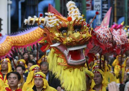 Picture of a typical long dragon float for the Chinese New Year.