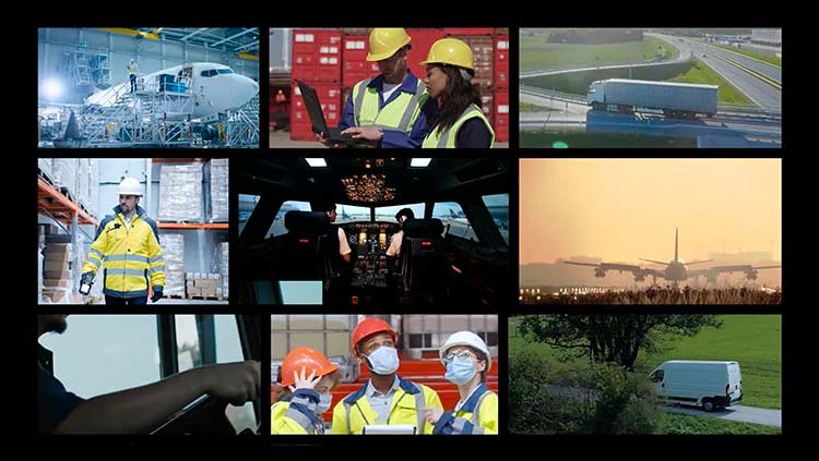 Collage of various supply chain and transportation themed images