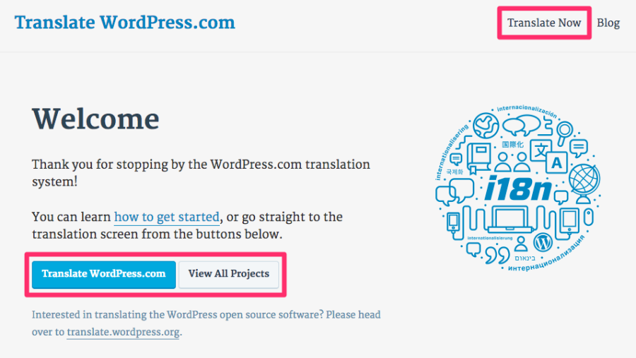 translate.wordpress.com front page: links to start translation