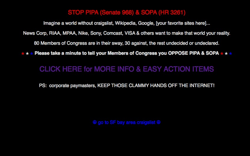 A screenshot of craigslist during the internet blackout. Text on the site says "stop PIPA & SOPA" with more information, and links to a contact representative form. 