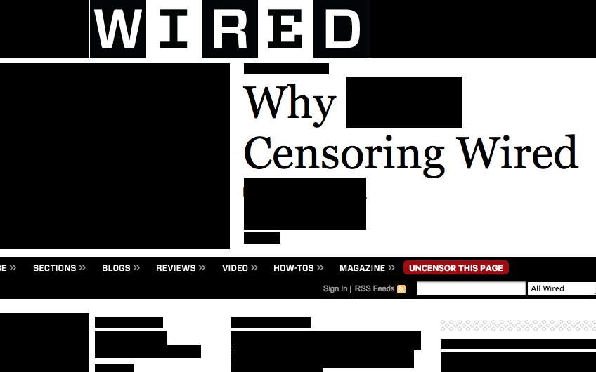 A screenshot of wired during the internet blackout. Text on the site says "why [black] censoring wired", with most of the images of articles blacked out. 