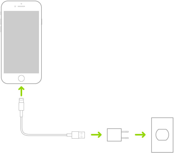 iPhone conectado al adaptador de corriente que está conectado a un enchufe.