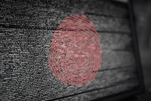 Image of fingerprint on top of wall of computer text code.