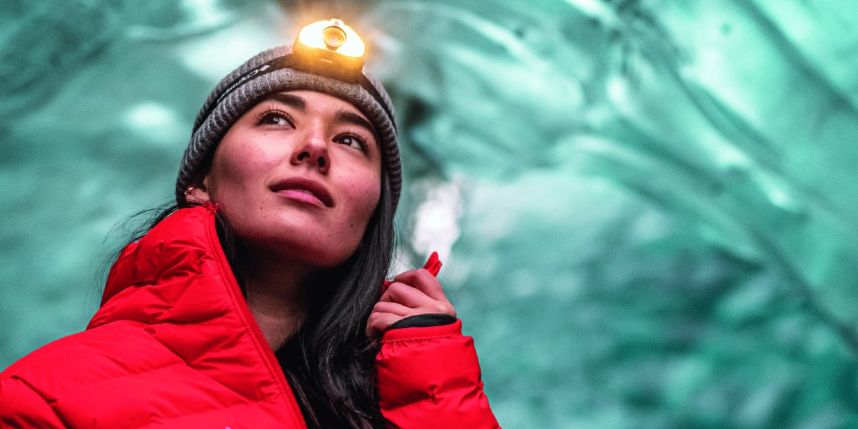 Person outdoors with headlight