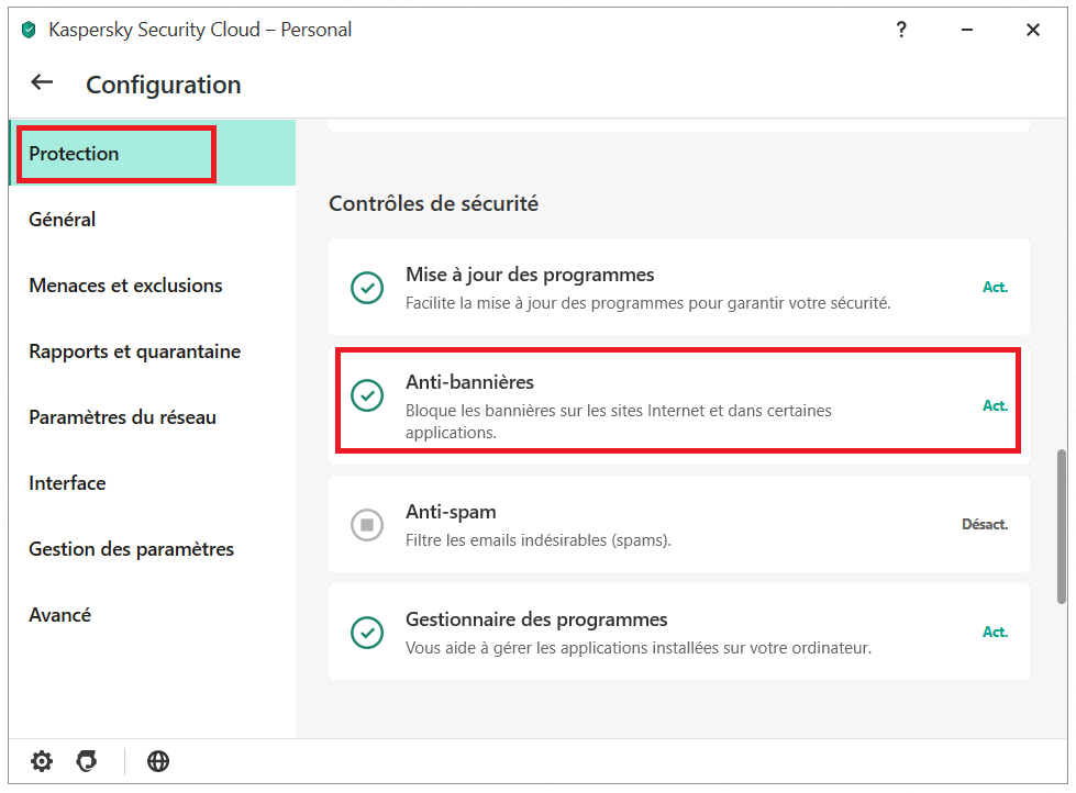 Comment activer l'Anti-bannières via le menu principal de Kaspersky Security Cloud