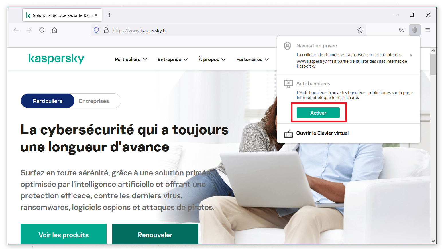 Comment activer l'Anti-bannières de Kaspersky Security Cloud via le menu de l'extension Kaspersky Protection