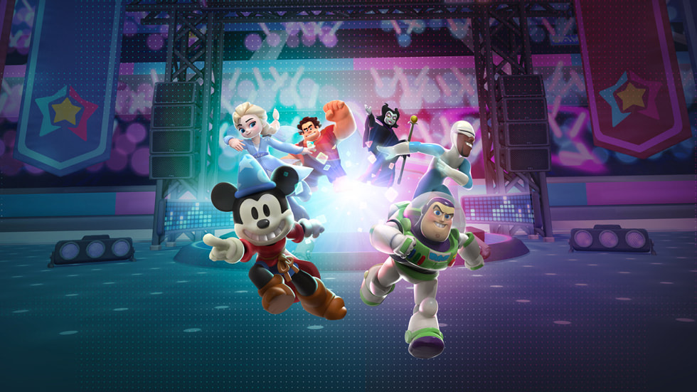 Personnages animés du nouveau jeu Apple Arcade « Disney Melee Mania », incluant Mickey Mouse et Buzz l’Éclair.